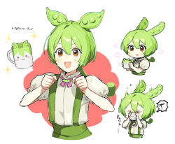  1girl :d commentary_request cup flower_symbol green_hair green_shorts hands_up holding holding_cup iwashi_(wawaisi_iwasi) mug multiple_views orange_eyes pea_pod puffy_short_sleeves puffy_sleeves shirt short_sleeves shorts smile sparkle suspender_shorts suspenders translation_request voiceroid voicevox white_shirt zundamon 
