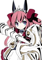  1girl absurdres armor armored_dress blue_eyes bow commentary_request dress emil_chronicle_online frolyflow2 hair_bow hair_rings highres holding holding_polearm holding_shield holding_weapon long_hair pink_hair polearm red_bow red_dress shield shugoma_fehr solo tiara weapon white_background 