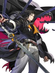  1boy belt black_hair black_jacket facial_mark forehead_mark highres jacket long_hair long_sleeves looking_at_viewer monster official_art parted_bangs red_eyes solo sword transparent_background weapon ye_shiyuan_(the_thrall) zenless_zone_zero 