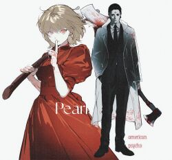  1boy 1girl american_psycho axe black_pants black_suit blood blood_on_hands blood_on_weapon chrollo_lucilfer commentary cosplay cowboy_shot dress full_body genderswap genderswap_(mtf) hair_slicked_back highres holding holding_axe horror_(theme) hunter_x_hunter index_finger_raised kurapika pants patrick_bateman patrick_bateman_(cosplay) pearl_(movie) pearl_douglas pearl_douglas_(cosplay) puffy_short_sleeves puffy_sleeves raincoat red_dress see-through_clothes see-through_raincoat short_sleeves shouka_(ly880217) simple_background suit untranslatable_commentary weapon white_background 