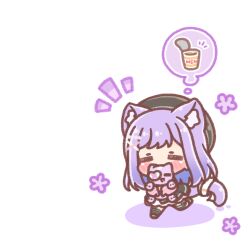  1girl =_= animal_ear_fluff animal_ears beret black_hat black_skirt blue_hair chibi closed_eyes colored_shadow commentary_request covered_mouth eyepatch hat heart heart_eyepatch highres hugging_object instant_cup_noodles instant_noodles long_hair mitarashi_neko multicolored_hair notice_lines purple_hair shadow shinomiya_runa simple_background skirt solo standing standing_on_one_leg stuffed_animal stuffed_cat stuffed_toy tail two-tone_hair very_long_hair virtual_youtuber vspo! white_background 