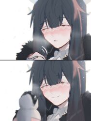  1girl black_hair blush character_snowman closed_eyes closed_mouth coat columbina_(genshin_impact) commentary_request eye_mask fatui_coat fur-trimmed_coat fur-trimmed_hood fur_hood fur_trim genshin_impact hair_between_eyes hair_flaps hair_ornament head_wings highres holding_snowman hood long_hair mask mini_snowman multicolored_hair multiple_wings necktie open_mouth purple_hair purple_streaks qmn12987411 ribbon sandrone_(genshin_impact) see-through_clothes see-through_mask sidelocks smile snow snowflakes snowing snowman solo streaked_hair two-tone_hair upper_body very_long_hair white_coat white_headdress white_mask white_wings wing_hair_ornament wings winter winter_clothes winter_coat x-shaped_eyewear 