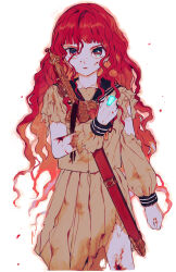  1girl blood commentary_request highres juuni_kokuki long_hair looking_at_viewer maruino nakajima_youko pleated_skirt red_hair school_uniform serafuku sheath sheathed simple_background skirt solo sword torn_clothes violet_eyes wavy_hair weapon white_background 