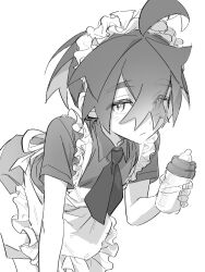  1boy ahoge apron baby_bottle bent_over bottle commentary_request crossdressing crossdressing_(mtf) crossed_bangs enmaided frilled_headwear greyscale highres kieran_(pokemon) korean_commentary looking_at_viewer maid maid_apron maid_headdress male_focus male_maid monochrome necktie pokemon pokemon_sv saesoon_dobby solo striped_blush thick_eyebrows 