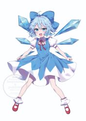  1girl blue_bow blue_dress blue_eyes blue_hair bow breasts cirno collared_shirt commentary_request crying detached_wings dress full_body hair_bow highres ice ice_wings looking_at_viewer mary_janes mi_kamii2 neck_ribbon open_mouth pinafore_dress puffy_short_sleeves puffy_sleeves red_ribbon red_shoes ribbon shirt shoes short_sleeves sleeveless sleeveless_dress small_breasts socks solo touhou watermark white_shirt white_socks wings 