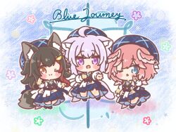  3girls :d ;) absurdres ahoge animal_ear_fluff animal_ears beret black_hair blue_eyes blue_hat blue_journey_(hololive) blue_shoes blue_skirt cat_ears cat_girl cat_tail chibi closed_mouth colored_shadow commentary_request english_text fang feathered_wings hat head_wings highres hololive long_sleeves mitarashi_neko multicolored_hair multiple_girls nekomata_okayu one_eye_closed ookami_mio orange_eyes parted_lips pink_hair pink_wings plaid_clothes plaid_hat plaid_skirt puffy_long_sleeves puffy_sleeves purple_hair red_hair shadow shirt shoes skirt smile socks streaked_hair tail takane_lui violet_eyes virtual_youtuber white_shirt white_socks wings wolf_ears wolf_girl wolf_tail 