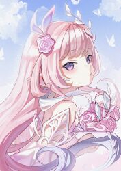  1girl absurdres bouquet bug butterfly cyrene_(demiurge)_(honkai:_star_rail) cyrene_(honkai:_star_rail) dress flower from_side hair_flower hair_ornament hashtag-only_commentary highres holding holding_bouquet honkai:_star_rail honkai_(series) looking_at_viewer mavimavi_art pink_hair pointy_ears purple_hair solo violet_eyes white_dress 