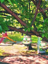  commentary_request dappled_sunlight ferroseed grass highres leaf no_humans outdoors path photo_background pokemon pokemon_(creature) pokemon_focus slide spikes stairs sunlight tree watawatakuro 