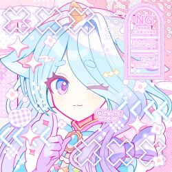  1girl ;3 blue_bow blue_bowtie blue_dress blue_eyes blush bow bowtie closed_mouth commentary commission dot_nose dress eyes_visible_through_hair gloves hair_intakes hand_up highres horns index_finger_raised indie_virtual_youtuber looking_at_viewer one_eye_closed pink_background portrait purple_bow purple_gloves shirocha_tei single_horn skeb_commission solo sparkle striped_bow striped_bowtie striped_clothes thick_eyebrows twitter_username ume_(vtuber) virtual_youtuber watermark 