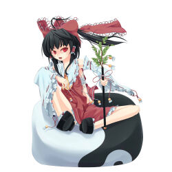  1girl ascot between_fingers black_hair black_sandals bow commentary_request detached_sleeves frilled_hair_tubes frills hair_bow hair_tubes hakurei_reimu highres holding holding_needle ilis long_hair looking_at_viewer making-of_available needle needles_between_fingers open_mouth red_bow red_eyes red_skirt ribbon-trimmed_sleeves ribbon_trim sandals sitting skirt skirt_set solo throwing_needles touhou yellow_ascot 