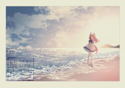  1girl absurdres animal_ears beach blue_sky border bow bowtie breasts brown_hair closed_eyes clouds commentary ear_covers ear_ribbon hair_between_eyes highres horse_ears horse_girl horse_tail long_hair mukai_saki multicolored_hair ocean open_mouth outdoors pleated_skirt puffy_short_sleeves puffy_sleeves purple_bow purple_bowtie purple_shirt sailor_collar sailor_shirt school_uniform shirt short_sleeves skirt sky small_breasts smile solo still_in_love_(umamusume) streaked_hair tail tracen_school_uniform umamusume veil water white_border white_sailor_collar white_skirt white_streaks white_veil 