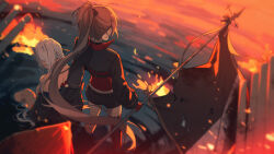  2girls amazuki_jou azur_lane black_ribbon black_shorts brown_hair commentary_request fire flag gloves hair_ribbon highres holding holding_flag jean_bart_(azur_lane) long_hair massachusetts_(azur_lane) median_furrow multiple_girls ponytail red_gloves red_thighhighs ribbon shorts single_thighhigh thigh-highs water wet white_hair 