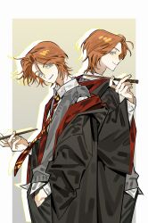  2boys animification back-to-back black_pants black_robe blue_eyes border brothers closed_mouth collared_shirt commentary_request dress_shirt drop_shadow floating_neckwear fred_weasley george_weasley gradient_background grey_background grey_sweater_vest grin gryffindor hand_in_pocket hand_up harry_potter_(series) head_tilt highres hogwarts_school_uniform holding holding_wand hood hood_down kogo58 korean_commentary long_sleeves looking_at_viewer male_focus middle_part multiple_boys necktie orange_hair outside_border pants parted_hair red_necktie red_robe robe school_uniform shirt short_hair siblings simple_background smile smirk striped_clothes striped_necktie sweater_vest tareme twins two-sided_robe two-tone_robe untucked_shirt wand white_border white_shirt wing_collar wizarding_world wolf_cut yellow_background 