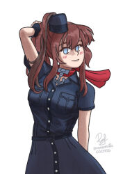  1girl anchor_ornament black_dress breast_pocket brown_hair dated dress english_commentary high_side_ponytail highres kantai_collection long_hair one-hour_drawing_challenge pocket ponytail red_scarf ron_(pixiv83091338) saratoga_(kancolle) saratoga_kai_(kancolle) scarf side_ponytail signature sim smokestack_hair_ornament solo twitter_username white_background 