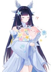  !? 1girl bare_shoulders black_hair bouquet closed_eyes columbina_(genshin_impact) commentary cowboy_shot dress eye_mask flower genshin_impact hair_flower hair_intakes hair_ornament hair_ribbon head_wings highres holding holding_bouquet iragashi_m_m long_hair long_sleeves mask multicolored_hair parted_lips purple_hair ribbon simple_background solo very_long_hair white_background white_dress white_ribbon white_wings wide_sleeves wings yae_miko yae_miko_(fox) 
