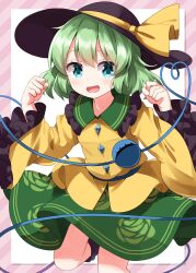  1girl black_hat blue_eyes buttons collared_shirt commentary_request diamond_button eyeball floral_print frilled_shirt_collar frilled_sleeves frills green_hair green_skirt hat hat_ribbon heart heart_of_string highres komeiji_koishi leg_up long_sleeves looking_at_viewer open_mouth print_skirt ribbon rose_print ruu_(tksymkw) shirt skirt smile solo third_eye touhou wide_sleeves yellow_ribbon yellow_shirt 