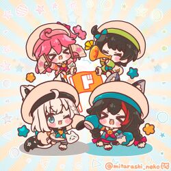  >_< 4girls :3 :d ;3 ;d ahoge animal_ear_fluff animal_ears black_hair blue_eyes blue_neckerchief blush_stickers chibi chibi_only closed_eyes commentary_request double-parted_bangs ears_through_headwear fang fox_ears fox_girl fox_tail full_body green_shirt hair_between_eyes hand_fan hat highres holding holding_fan holding_instrument holding_trumpet hololive instrument long_hair mitarashi_neko multicolored_hair multiple_girls neckerchief notice_lines one_eye_closed ookami_mio oozora_subaru open_mouth outline pink_hair pink_neckerchief pink_shirt polka_dot polka_dot_background red_streaks sakura_miko shirakami_fubuki shirt short_hair smile standing standing_on_one_leg streaked_hair sunburst sunburst_background tail trumpet virtual_youtuber white_hair white_hat white_outline wolf_ears wolf_girl wolf_tail x3 xd 