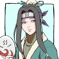  1boy aqua_background black_hair border brown_eyes bun_cover closed_mouth expressionless green_robe hair_bun haku_(naruto) headband highres holding holding_mask male_focus mask naruto_(classic) naruto_(series) parted_bangs purple_headband ribbed_sweater robe sidelocks solo sweater trap upper_body uri_geikon white_border 