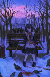  1girl absurdres apron axe azhisama bare_tree bench bird black_dress blood braid braided_hair_rings closed_eyes commission crow dress full_body gradient_sky hair_rings highres original outdoors pantyhose pink_sky russian_text school_uniform side_braids sitting sky snow solo soviet_school_uniform suitcase sunset translation_request tree watermark white_apron white_pantyhose wide_shot 
