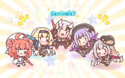  >_o 5girls :d :t ;) ;3 ;p absurdres ahoge aizawa_ema beret black_boots black_bow black_capelet black_gloves black_hat black_jacket black_necktie black_shirt black_shoes black_skirt black_thighhighs blonde_hair blue_bow blue_eyes blue_hair blue_hairband blue_skirt blush_stickers boots bow brown_eyes brown_thighhighs capelet chibi closed_mouth collared_shirt colored_shadow commentary_request crescent crossover double_bun dual_wielding fang fold-over_boots garter_straps gloves gradient_hair grey_hair hair_bow hair_bun hairband hat highres holding holding_weapon hololive horns jacket long_hair long_sleeves mitarashi_neko multicolored_hair multiple_crossover multiple_girls nakiri_ayame nakiri_ayame_(streetwear) naraka_(nijisanji) necktie newsboy_cap nijisanji notice_lines off_shoulder one_eye_closed oni open_clothes open_jacket pink_shirt pleated_skirt pointy_ears pout puffy_long_sleeves puffy_sleeves purple_hair red_eyes red_hair shadow shinomiya_runa shirt shoes skirt smile sparkle standing standing_on_one_leg star_(symbol) streaked_hair sunburst sunburst_background thigh-highs thighhighs_under_boots tilted_headwear tongue tongue_out twintails two-tone_hair two_side_up very_long_hair violet_eyes virtual_youtuber vspo! weapon white_hat white_jacket white_shirt white_shoes white_skirt white_thighhighs wide_sleeves yumeno_akari |_| 