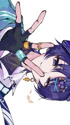  1boy absurdres animal_print beret bishounen black_gloves black_shirt blue_shawl blunt_ends bright_pupils casual cat_print choppy_bangs collared_shirt commentary_request contemporary earrings eyeliner feather_earrings feathers fingerless_gloves genshin_impact gloves gold_ring hand_up hat highres jewelry layered_shirt looking_at_viewer makeup male_focus middle_ring official_alternate_costume open_collar open_hands parted_bangs parted_lips pom_pom_(clothes) pom_pom_earrings purple_hair purple_hat reaching reaching_towards_viewer red_eyeliner scaramouche_(cat)_(genshin_impact) scaramouche_(genshin_impact) shawl shirt sideways smirk solo tamadon_(tamadonoekaki) tsurime turtleneck turtleneck_shirt violet_eyes wanderer_(genshin_impact) wanderer_(impression)_(genshin_impact) white_background white_mouth white_pupils white_shirt yellow_feathers 