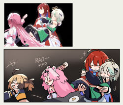  4girls ahoge animal_ears blue_fire blue_hair blush breasts brown_hair cecilia_immergreen colored_inner_hair commentary doll_joints elizabeth_rose_bloodflame english_commentary fire fongban_illust gigi_murin green_eyes green_hair grey_hair highres hololive hololive_english huge_ahoge joints long_hair multicolored_hair multiple_girls panther_ears panther_girl photo_inset pink_hair raora_panthera red_hair reference_inset scene_reference short_hair smile streaked_hair tail twintails two-tone_hair very_long_hair virtual_youtuber winding_key 