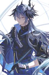  1boy arknights black_gloves black_jacket bracelet commentary corrupted_twitter_file earrings frown gloves grey_hair hashtag-only_commentary head_wings highres holding holding_pen horns infection_monitor_(arknights) jacket jewelry logos_(arknights) long_hair looking_at_viewer male_focus nekoko1551 pen pointy_ears red_eyes rhodes_island_logo_(arknights) sidelocks solo upper_body wings zipper 