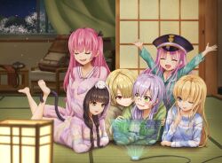  6+girls absurdres aikawa_megumi asakura_karen_(heaven_burns_red) black_hair blonde_hair blue_eyes brown_hair commentary_request green_eyes grey_hair hat heaven_burns_red highres izumi_yuki_(heaven_burns_red) kayamori_ruka kunimi_tama long_hair low_twintails lying multiple_girls on_stomach pink_hair red_eyes sailor_hat sliding_doors sybilla_(batvb) toujou_tsukasa twintails 
