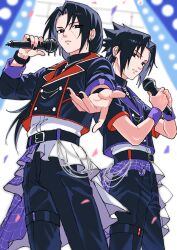  2boys absurdres alternate_costume belt belt_buckle black_belt black_eyes black_hair black_jacket black_nails black_pants brothers buckle commentary_request confetti cowboy_shot cropped_jacket earrings facial_mark frilled_shirt frills highres holding holding_microphone hotata_3 idol_clothes jacket jewelry long_hair long_sleeves looking_at_viewer low-tied_long_hair male_focus microphone multiple_boys music nail_polish naruto_(series) naruto_shippuuden pants parted_bangs parted_lips purple_wrist_cuffs shirt short_hair short_sleeves siblings singing uchiha_itachi uchiha_sasuke white_shirt wrist_cuffs 