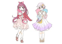  2girls :o ahoge blue_eyes blue_jacket blush_stickers brown_eyes brown_shoes brown_skirt closed_mouth commentary_request dot_nose dress frilled_dress frills full_body glasses gradient_clothes gradient_dress grey_hair hair_ornament hair_ribbon highres jacket kiki_(little_twin_stars) lala_(little_twin_stars) little_twin_stars long_hair long_sleeves looking_at_viewer multicolored_jacket multiple_girls my_melody my_melody_(series) namori open_clothes open_jacket open_mouth pink_jacket pink_ribbon ponytail purple_dress purple_hair red_jacket ribbon sanrio shoes short_hair simple_background skirt smile socks standing star_(symbol) star_hair_ornament sugiura_ayano two-tone_jacket white_background white_socks yellow-framed_eyewear yoshikawa_chinatsu yuruyuri 