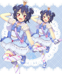  1girl absurdres birthday blue_bow blue_bowtie blue_hair blush bow bowtie commentary_request crown frilled_skirt frills hair_ornament happy_birthday highres magical_girl microphone mizuno_ai open_mouth red_eyes shoes short_hair skirt smile thigh-highs tomo_takino zombie_land_saga 