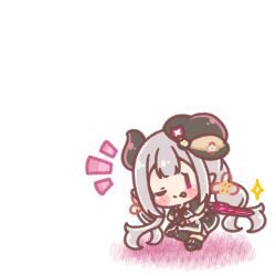  1girl ;p black_boots black_capelet black_hat black_skirt blush_stickers boots capelet chibi closed_mouth colored_shadow commentary_request fold-over_boots full_body grey_hair hat highres horns long_hair mitarashi_neko naraka_(nijisanji) newsboy_cap nijisanji notice_lines one_eye_closed pointy_ears shadow simple_background skirt smile solo standing standing_on_one_leg tilted_headwear tongue tongue_out very_long_hair violet_eyes virtual_youtuber weapon white_background |_| 