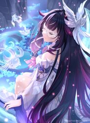  1girl absurdres anemonaris artist_name bare_shoulders black_hair blue_flower closed_eyes closed_mouth columbina_(genshin_impact) commentary dress flower from_behind genshin_impact hair_ornament highres kuuhenki_(genshin_impact) long_hair long_sidelocks luonnotar_(genshin_impact) multicolored_hair purple_hair sidelocks sitting solo turning_head very_long_hair white_dress wing_hair_ornament 