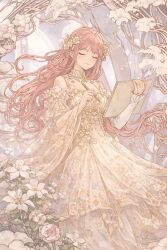  1girl art_nouveau asami970324 bare_shoulders closed_eyes closed_mouth clothing_cutout collar cowboy_shot day detached_collar drawing_(action) dress eyelashes floating_hair floral_print flower forest hair_flower hair_ornament happy highres holding holding_pencil holding_sketchbook layered_sleeves light_particles long_hair long_sleeves nature nikki_(nikki) nikki_(series) outdoors pencil pink_collar pink_dress pink_flower pink_hair print_dress see-through_clothes see-through_sleeves shining_nikki shoulder_cutout sketchbook smile solo standing tree very_long_hair wavy_hair white_sleeves wide_sleeves 