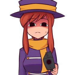  1girl :< a_hat_in_time aged_up aiming aiming_at_viewer anger_vein black_eyes breasts brown_hair closed_mouth commentary english_commentary gun handgun hat hat_kid highres holding holding_gun holding_weapon long_sidelocks long_sleeves medium_breasts medium_hair ponytail purple_hat scarf short_ponytail sidelocks solo split_mouth transparent_background upper_body weapon xyronii yellow_scarf 