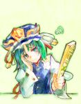  chin_rest green_eyes green_hair hat ribbon rod_of_remorse shikieiki_yamaxanadu short_hair sigh simple_background sketch solo touhou 