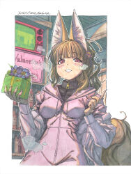  1girl alcohol animal_ears architecture blush border bottle breasts brown_hair commentary_request crt dated east_asian_architecture fingernails flower flower_pot fluffy_tail fox_ears fox_girl fusuma hair_flower hair_intakes hair_ornament highres holding holding_flower_pot hood hoodie indoors jacket liquor long_fingernails looking_at_viewer making-of_available marker_(medium) medium_breasts meiz original outline painting_(medium) parted_lips pink_hoodie ponytail red_eyes red_lips shikishi sliding_doors slit_pupils smile solo steaming_body television traditional_media turtleneck unworn_jacket watercolor_(medium) wavy_hair white_border white_outline zipper 