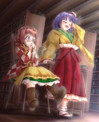  2girls apron bell book bookshelf boots brown_boots checkered_clothes checkered_kimono closed_eyes clothes_writing commentary_request dazonipsf drinking flower green_kimono hair_bell hair_flower hair_ornament hakama hakama_skirt hieda_no_akyuu japanese_clothes jingle_bell kimono lace-up_boots long_sleeves motoori_kosuzu multiple_girls open_mouth pink_eyes purple_hair sitting skirt smile touhou wide_sleeves yellow_apron yellow_kimono 