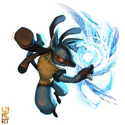  1boy animal_ears black_fur blue_fur body_fur closed_mouth clothed_pokemon furry furry_male highres long_hair lucario lynert multicolored_fur pokemon pokemon_(creature) powering_up red_eyes signature simple_background snout solo spikes tail white_background 