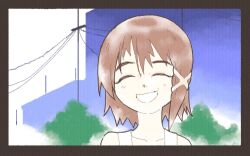  1girl ^_^ asymmetrical_hair bare_shoulders brown_hair closed_eyes commission dress facing_viewer forced_smile grin hair_ornament inkerton-kun iwakura_lain outdoors portrait power_lines second-party_source serial_experiments_lain short_hair single_sidelock sky sleeveless sleeveless_dress smile solo utility_pole white_dress white_sky x_hair_ornament 