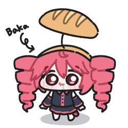  1girl :3 arrow_(symbol) baguette black_shirt black_skirt bread brown_hairband chibi chibi_only closed_mouth commentary detached_sleeves drill_hair drooling food full_body hairband highres kasane_teto long_hair looking_at_viewer lulalang red_eyes red_hair shirt simple_background skirt smile solo standing twin_drills twitter_username utau white_background 