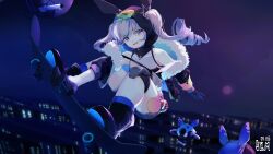  1girl black_gloves black_jacket black_shorts blue_socks bronya_zaychik bronya_zaychik_(haxxor_bunny) chinese_commentary city commentary_request drill_hair drone full_body gloves grey_eyes grey_hair highres jacket knee_pads night outdoors qingshimangxue shorts single_knee_pad skateboard skateboarding socks solo tongue tongue_out twin_drills 