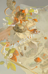  1girl absurdres animal_ears arms_up brown_hair brown_shoes cape cloak commentary_request commission dress food fruit highres hood kneehighs lin_qing_(phosphorus_1104) long_sleeves looking_up mouse_(animal) mouse_ears multicolored_hair mushroom original puffy_sleeves red_cape red_cloak red_eyes shoes snake socks strawberry two-tone_hair white_dress white_hair white_socks 