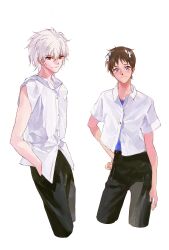  2boys black_pants blue_eyes blue_shirt brown_hair closed_mouth collared_shirt commentary_request cropped_legs hair_between_eyes hand_on_own_hip highres ikari_shinji interface_headset_(evangelion) looking_at_viewer male_focus multiple_boys nagisa_kaworu neon_genesis_evangelion pants red_eyes shirt short_sleeves ssssenferda undershirt white_hair white_shirt 