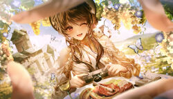  1girl 1other absurdres architecture black_hair bug butterfly camera cat food highres holding holding_camera junpaku_karen long_hair long_sidelocks looking_at_viewer one_eye_closed open_mouth original outdoors plant pov scenery sidelocks taking_picture violet_eyes 