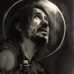  1boy beard belt commentary english_commentary facial_hair glint greyscale iron_lung_(movie) justanotherrandomwriter looking_up male_focus medium_hair monochrome moon_behind_head parted_lips portrait sidelighting simon_(iron_lung) solo sparkle teeth tunic upper_teeth_only wavy_hair 