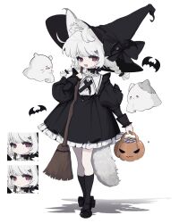  1girl animal_ear_fluff animal_ears black_dress black_hat black_shoes black_socks braid broom collared_dress dress fang fox_ears fox_girl fox_tail frilled_dress frills full_body ghost halloween_costume hat highres holding holding_broom jack-o'-lantern kuro_yagi_(usosakana) long_hair long_sleeves looking_at_viewer open_mouth original puffy_sleeves red_eyes shadow shoes simple_background smile socks standing tail twin_braids white_background white_hair witch witch_hat 