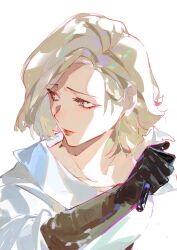  1girl absurdres black_gloves blonde_hair breasts commentary fui_(fui29493452) gloves grace_ashcroft grey_eyes highres holding long_sleeves medium_breasts parted_lips resident_evil resident_evil_requiem shirt short_hair solo swept_bangs untranslatable_commentary upper_body wavy_hair white_background white_shirt worried 