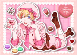  1boy ;p akemi_keiichi ankle_boots apron ascot beret blonde_hair blue_background blue_eyes boots border bow brown_apron brown_boots buttons colored_eyelashes commentary double-breasted english_commentary english_text fingernails food fruit full_body grey_outline hand_on_own_face hands_up happy_valentine hat hat_bow heart holding holding_food holding_macaron inset_border kneehighs looking_at_viewer lying macaron male_focus official_artist_extra ogeretsu_tanaka on_stomach one_eye_closed outline pale_skin parted_bangs pink_ascot pink_bow pink_hat pink_shirt pink_shorts plaid_ascot plaid_background plaid_clothes plaid_shorts shadow shirt short_hair shorts sleeve_cuffs sleeves_rolled_up socks solo strawberry tongue tongue_out very_short_hair waist_apron white_border white_outline white_socks yarichin_bitch-bu 