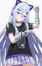  1girl absurdres animal_ear_headphones animal_ears arm_warmers black_choker black_shirt blue_eyes blue_hair blush cat_ear_headphones cat_ears choker claw_pose closed_mouth clothes_writing clothing_cutout collarbone commentary_request cowboy_shot decora dot_nose facial_mark fake_animal_ears grey_arm_warmers group_name hair_between_eyes hair_ornament hairclip half-closed_eyes headphones heart heart_facial_mark heart_hair_ornament highres kunizaki long_bangs long_hair long_hair_between_eyes looking_at_viewer miniskirt mismatched_arm_warmers negai_wa_itsuka_asa_wo_koete_(project_sekai) official_alternate_costume partial_commentary paw_facial_mark plaid_clothes plaid_skirt pleated_skirt project_sekai purple_skirt shirt short_sleeves shoulder_cutout sidelocks simple_background skirt smile solo standing striped_arm_warmers sweatdrop thigh_strap two-tone_arm_warmers very_long_hair white_background x_hair_ornament yami_kawaii yoisaki_kanade 